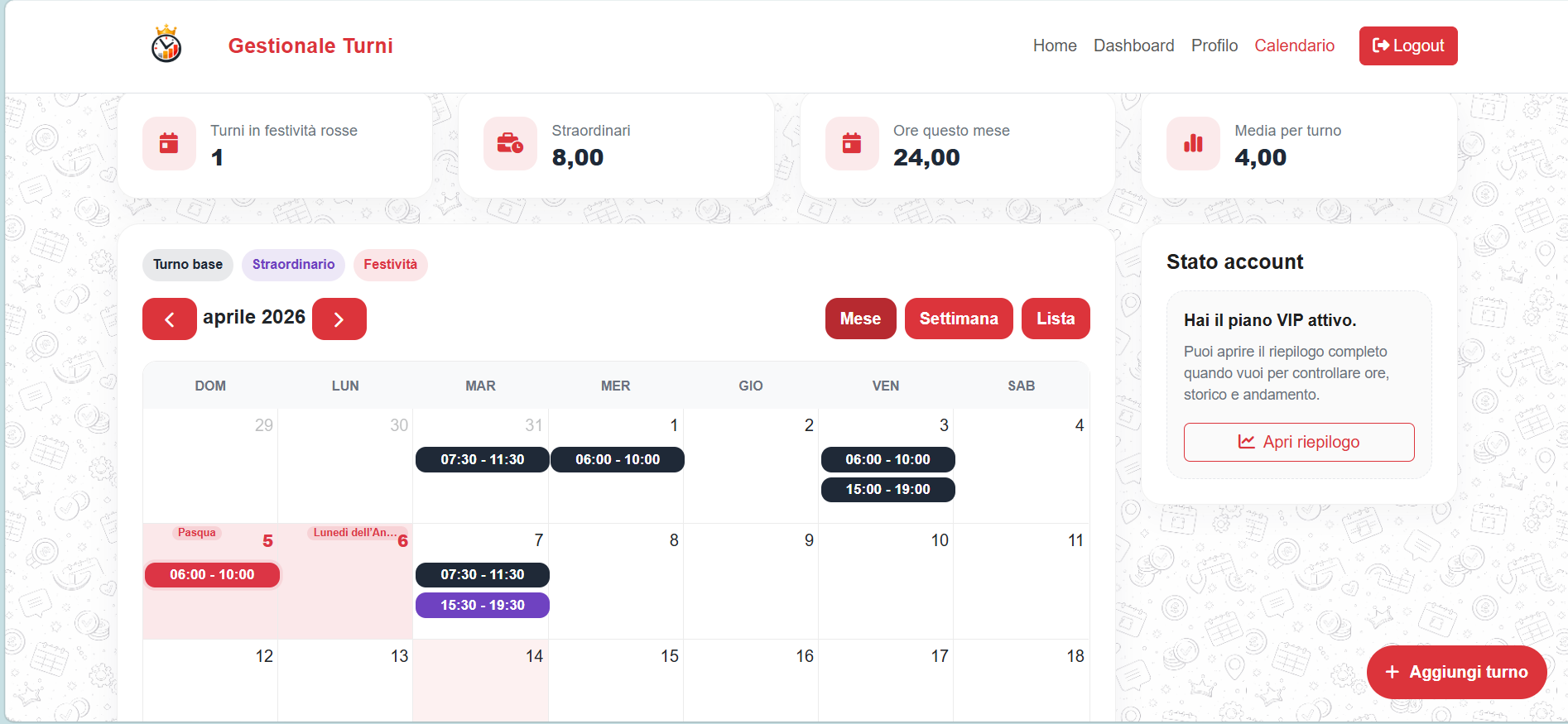 Calendario turni dell'app Gestionale Turni